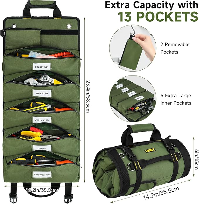 Tool Bag,Large Roll Up Tool Bag Organizer,13 Pockets Tool Roll Storage Pouch,Heavy Duty Portable Tool Storage Carrier Bag for Men,Mechanic,Electrician,Valentines Day Gifts for Men,Green