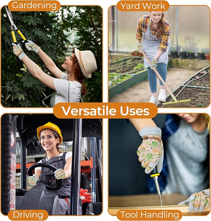 HANDLANDY Work Gloves for Women, Breathable Leather Gardening Glove for Yard Maintenance, Hand Protection with Touch Screen