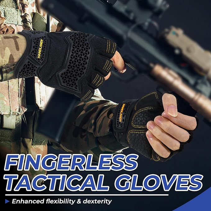 HANDLANDY Fingerless Work Gloves for Mens & Women, Uwrist Half Finger Shock-Absorbing Breathable Glove