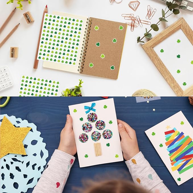 2400 Pcs St. Patrick's Day Shamrock Paper Stickers,4 Colors,Lucky Clovers Self Adhesive Stickers,for Envelopes Scrapbook Gifts,0.5in
