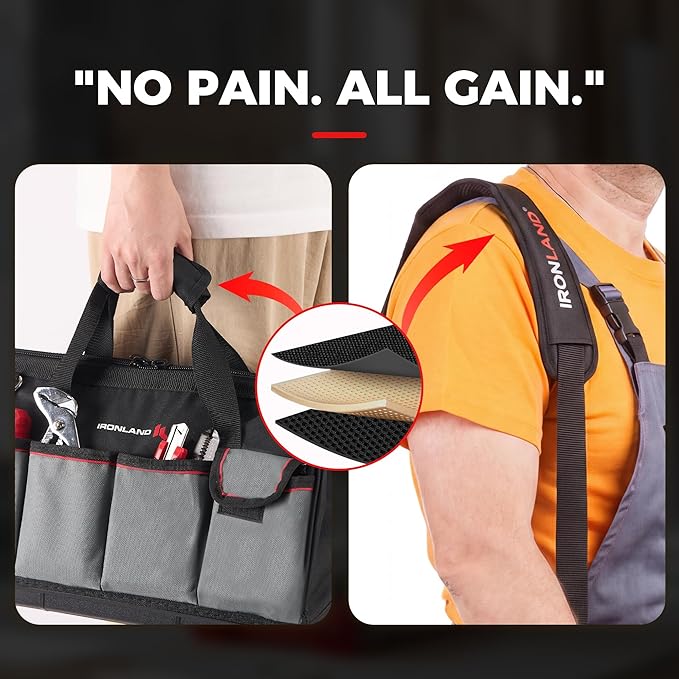 IRONLAND Hard & Sturdy Bottom Tool Bag Organizer 16.5 Inch for Men, Waterproof Heavy Duty Tool Bag with Soft Handle Large Zipper, Ideal for Mechanics Electrician Handyman Hvac, Great Gift for Dad