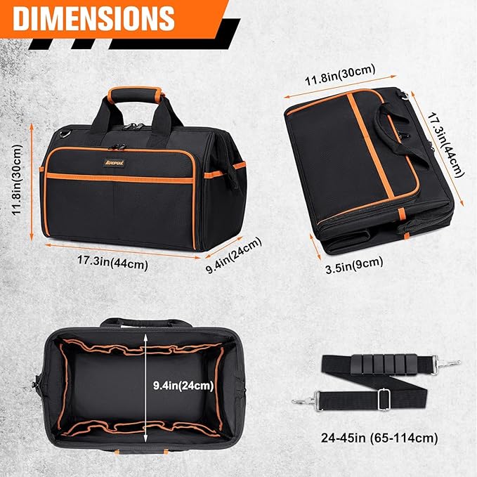Heavy Duty Tool Bag 17.3-Inch, 26-Pocket Large Tool Bags for Men Women with Adjustable Shoulder Strap,Waterproof, Foldable Tool Bag Organizer for HVAC Electricians Mechanics Craftsman Contractor
