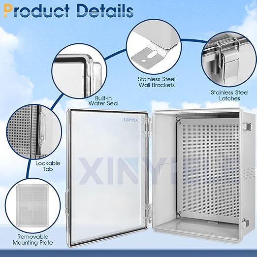 Waterproof Outdoor Project ABS Plastic Junction Box IP67 Weatherproof Dustproof Enclosure with Hinged Cover, Mounting Plate,Wall Brackets for Power Project (Clear,17.7"x13.8"x7.9")