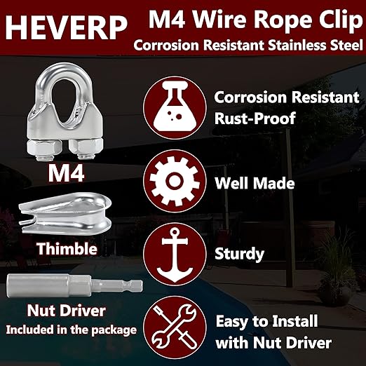 12PCS M4 5/32 Inches Stainless Steel Wire Rope Clips Cable Clamp,6PCS Thimbles