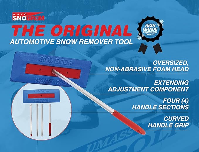 Snow Remover for Cars and Trucks - 28 to 63 Inch Automotive Snow Brush with Foam Head and 4 Piece Handle - Push-Broom Design - No-Scratch Snow Removal - 1 Pack