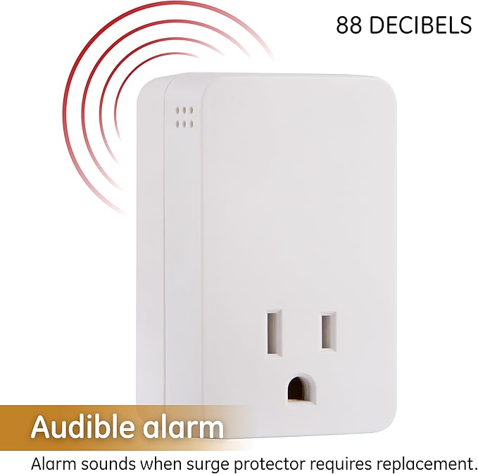 GE UltraPro Surge Protector Plug with Alarm, Outlet Extender, Plug Adapter, Appliance, Refrigerator, End of Service, 1080 Joules, Warranty, UL Listed, White, 38124