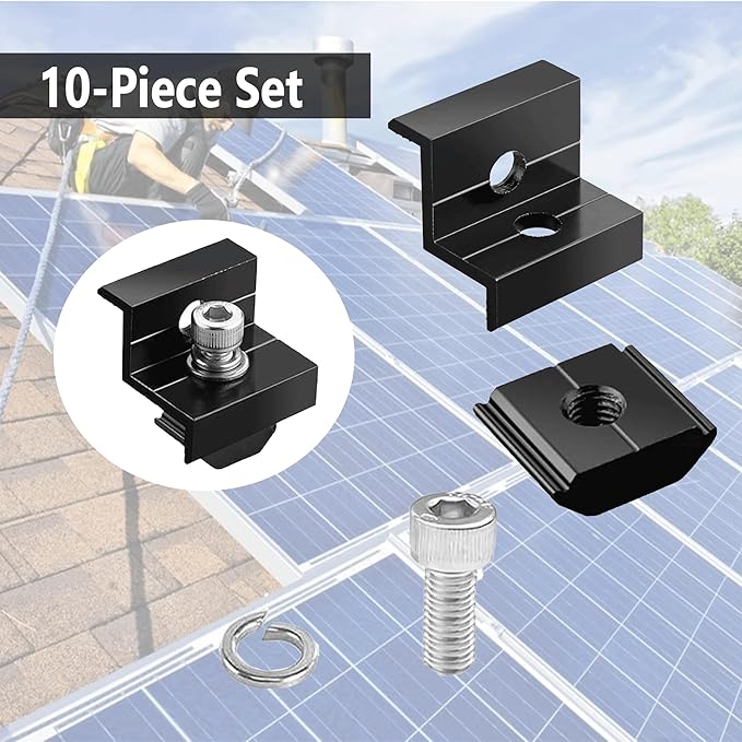 10pcs Solar Panel End Clamp for Standar, Aluminum 30mm/35mm Solar Panel Brackets, Solar Panel Mounting Kit for Metal Roof, Tin Roof, Flat Roof, Sheet Roof, Black