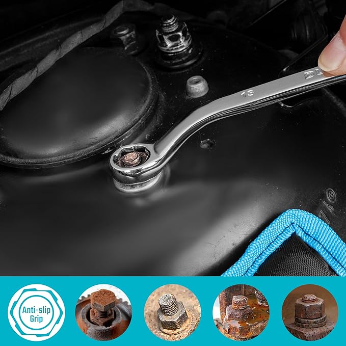 DURATECH 7-Piece Anti-slip Offset Box Wrench Set, Bolt Extractor Wrench Set, Metric, 6-19mm, 50-Degree Offset, CR-V Steel, with Rolling Pouch