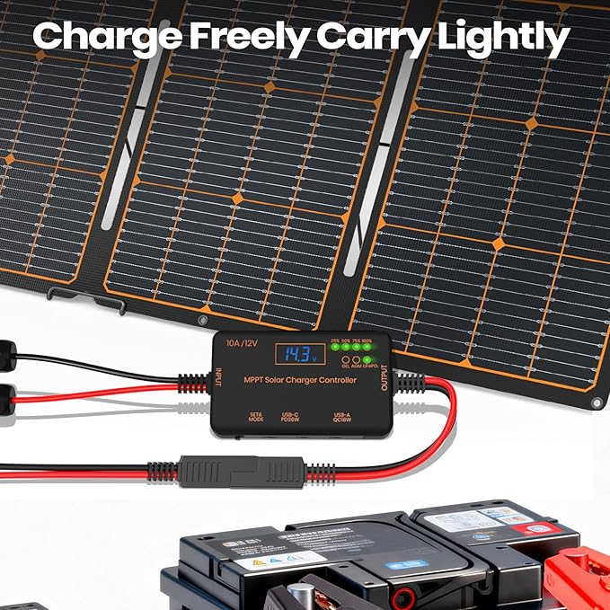 FlexSolar 12V10A Solar Charge Controller with USB-C PD36W & USB-A QC18W Outputs Compatible for Gel, AGM, LiFePO4 Batteries