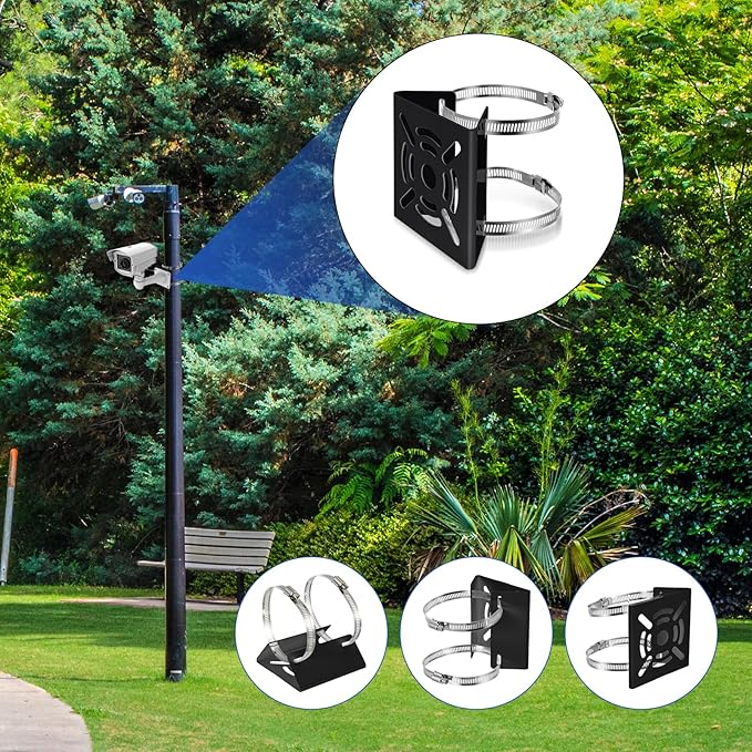 6 Pcs Universal Vertical Pole Mount for Security Camera Wall Mounting Bracket with 6 Loops Solid Metal Pole Bracket for CCTV Camera Indoor Outdoor Solar Panel LED Wall/ Stage Light (Black)
