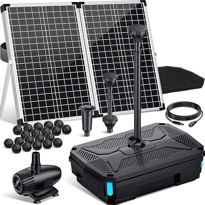 POPOSOAP 55W Solar Pond Filter with Fountain Pump, Solar Powered Water Pump with 580GPH Pond Filter for Outdoor Ponds with Filter Medias for Koi Ponds, Waterfalls, Garden Water Features