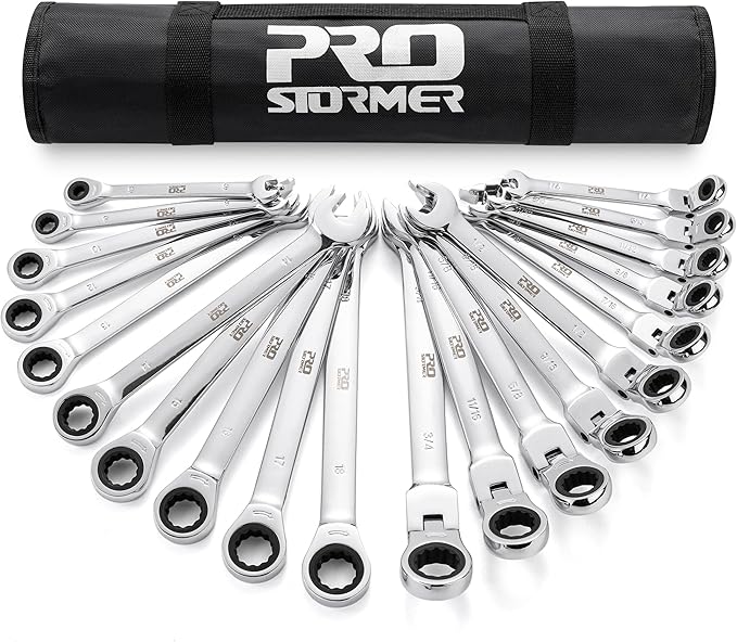 Prostormer Ratcheting Combination Wrench Set, 20-Piece SAE & Metric Wrench Kit with Pouch, 72-Tooth, Cr-V Steel, 10Pcs Flex-Head 1/4" to 3/4" & 10Pcs Fixed Head 6-18mm