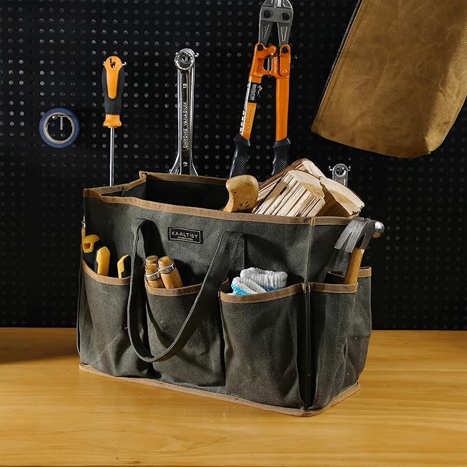 Tool Tote Bag, Heavy Duty 16oz Waxed Canvas Garden Tool Bag | Portable 11-Pocket Tool Storage Bag for Gardener Electrician Contractor Repairman (14"L x 5.5"W x 10.5"H) – Army Green