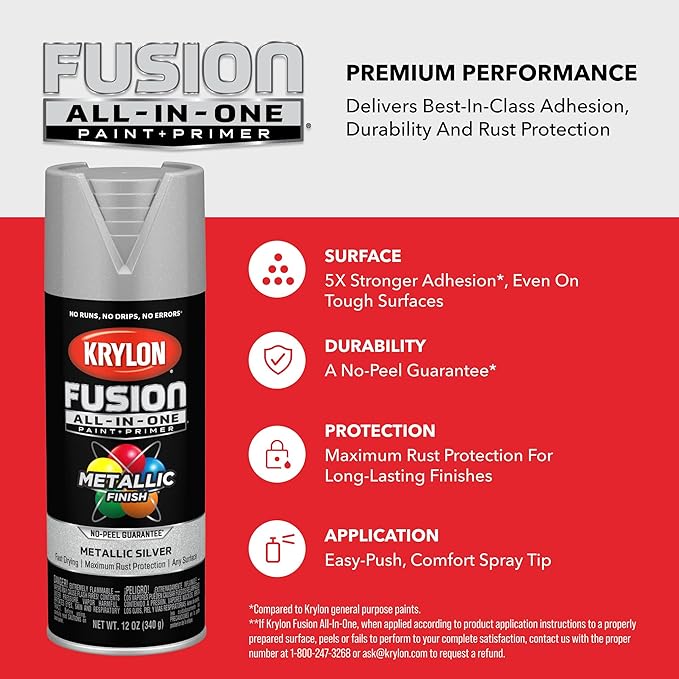 Krylon Fusion All-In-One Adhesive Spray Paint for Indoor/Outdoor Use, 12 oz, Silver