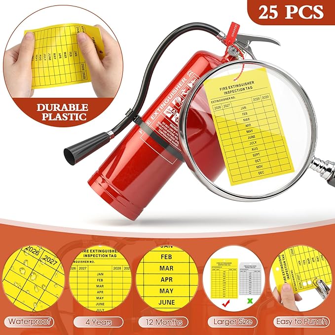 Chunful 101 Pieces Monthly Fire Extinguisher Inspection Tags 2026 to 2029 Plastic Maintenance Record Tags 5 x 3.25 Inch with Hole Puncher Adjustable Wire Ties Tamper Seals Numbered Security(Yellow)