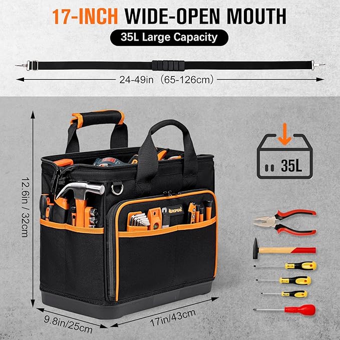 Electrician Tool Bag 17-Inch, 26-Pocket Large Tool Bags for Men Women with Waterproof Hard Bottom & Adjustable Shoulder Strap, Tool Bag Organizer for HVAC Craftsman Contractor Carpenter Electrician