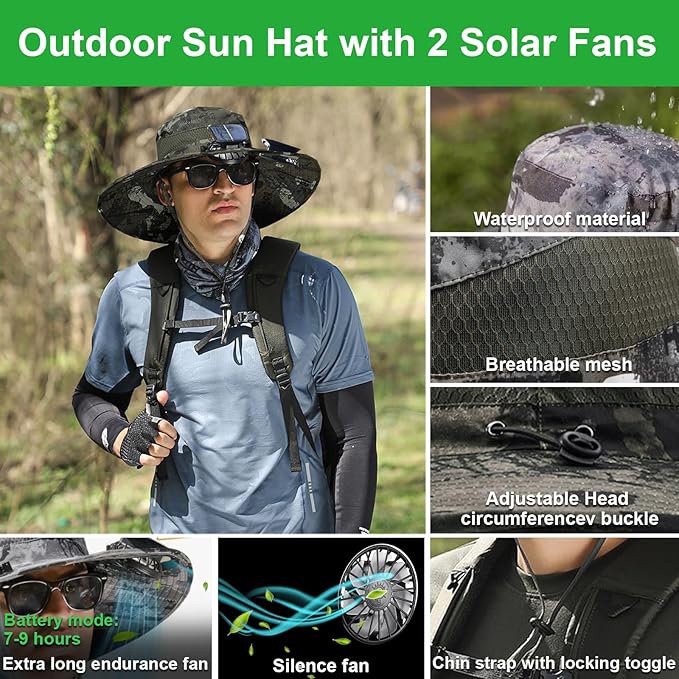Fishing Hats with Sunglasses, Wide Brim Sun Hat with 2 Solar Fan, USB & Solar Powered Fishing Hats, Solar Fan Hats UPF 50+