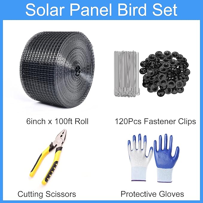 YESON Solar Panel Guard, 6in X 100ft PVC Coated Critter Guard Roll Kit for Solar Panel Wire Screen, Black Pigeon Barrier Netting with 120 Fastener Clips, Cutting Scissor, Gloves