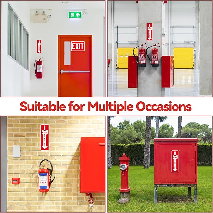 (4 Pack) Fire Extinguisher Signs – Strong Self Adhesive Fire Extinguisher Sign for Business, 12x4 Inch Aluminum Fire Extinguisher Signs Weather Resistant and Easy to Install (Red)