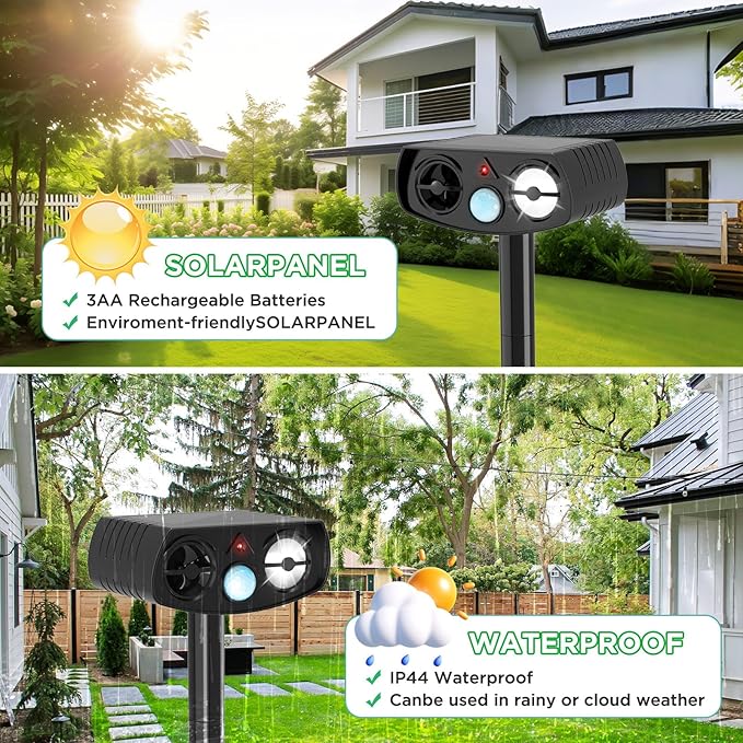 Solar Animal Repeller Outdoor, Motion Activated Ultrasonic Pest Deterrent with LED Light, Waterproof Repellent for Yard Garden, Raccoon Squirrel Rabbit Cat Dog, 2 Pack