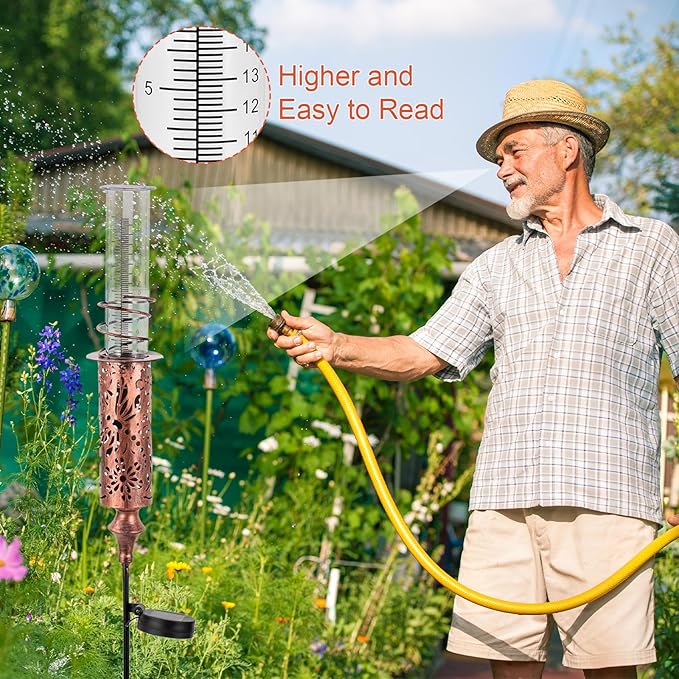 Rain Gauge Outdoor, Solar Rain Gauges for Yard, Freeze Proof Rain Gauge with 7" Plastic Tube, Copper Metal Decorative Garden Stake with Led Light, Brown
