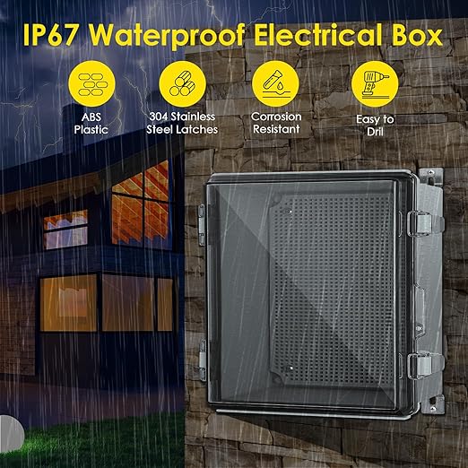 Waterproof Electrical Junction Box, IP67 Plastic Weatherproof Outdoor WiFi Enclosure with Mounting Plate, Wall Brackets, for WiFi Electronics Project, Clear (13"×13"×5")
