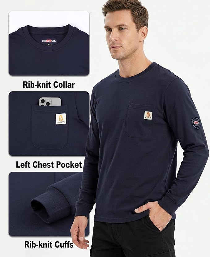 BOCOMAL FR Shirts Crewneck 7oz Midweight Flame Resistant Clothing NFPA2112 CAT2 Men's Fire Retardant Work Shirt