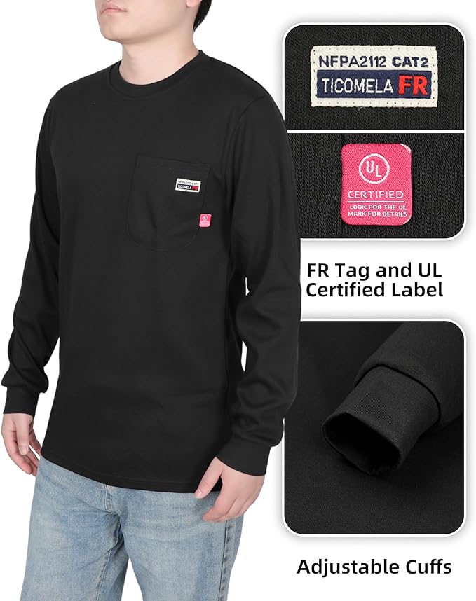 TICOMELA FR Shirts for Men Flame Resistant Shirt NFPA2112/CAT2 7oz Fire Retardant Men's Long Sleeve Henley Shirts