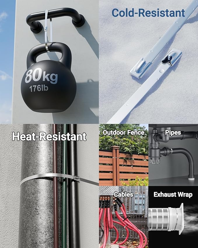 100 Pcs Metal Zip Ties 11.8 Inch, Heavy Duty 304 Stainless Steel Self-Locking Cable Ties, for Outdoor Fence, Cables, Pipes, Vehicles, Farms, Automotive Parts, Exhaust Wraps, Silver