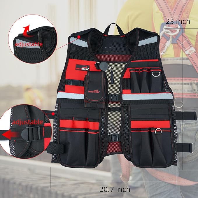 MELOTOUGH Tool Vest for Men Reflective Safety Tool Vest with Adjustable Straps,Removable Phone Holder for Electrical,Carpenters,Construction(Red)