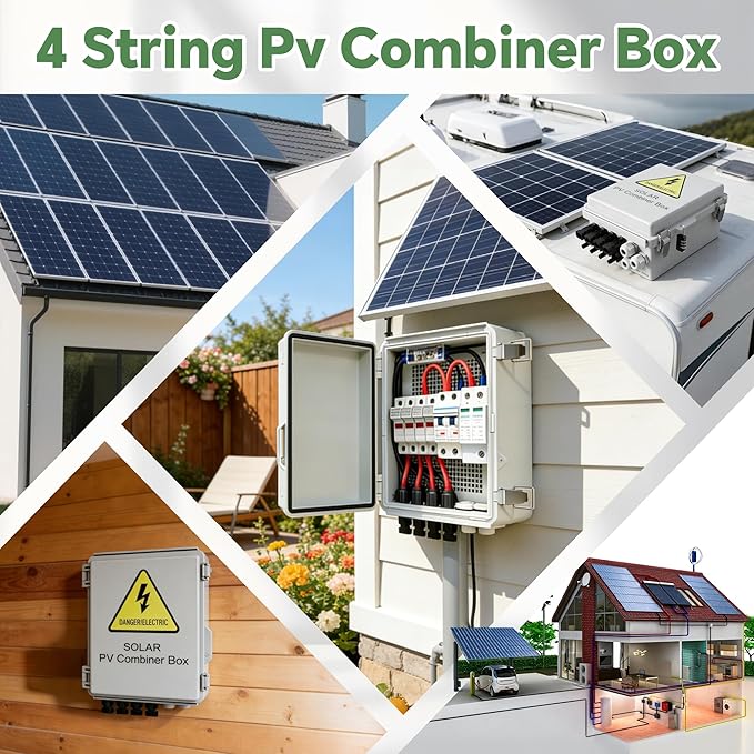 4 String Solar Combiner Box, IP65 Waterproof PV Combiner Box for On/Off Grid Solar System,with Lightning Arrester, 15A Rated Current Fuse & 63A Circuit Breaker(Plastic)