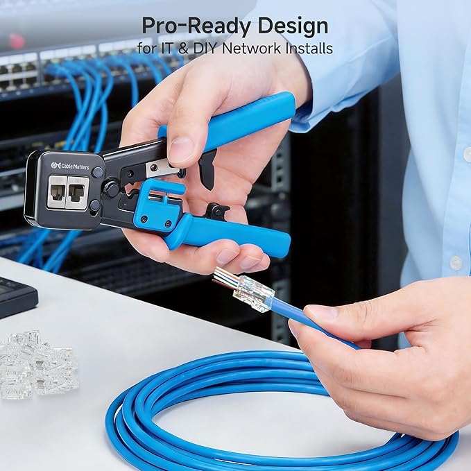 Cable Matters Modular RJ45 Crimp Tool for Pass-Through Connectors (Pass-Through Ethernet Crimper) with Built-in Wire Cutter and Stripper - 10-Pack Cat6 RJ45 Connectors Included