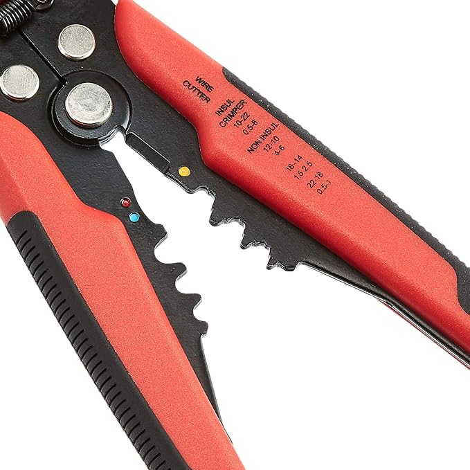 Amazon Basics Self-Adjusting Wire Stripper and Crimping Tool, Strips 10-24 AWG, Black/Red