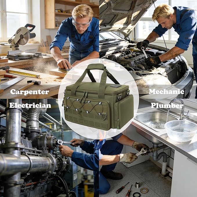 15-Inch Tool Bag Multi-purpose Tool Organizer Bag For Men with Shoulder Strap, Tactical Range Bag Work Tote for Repairman, Carpenters, Handymen (Army Green)