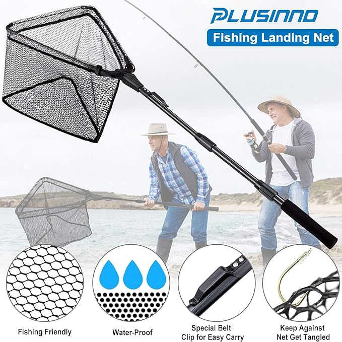 PLUSINNO Fishing Net Fish Floating Landing Net, Kayak Nets with Fixed Foldable Telescopic Pole Handle, Bass Trout Fishing Nets with Nylon Mesh for Pond Lake River, Fishing Gear Gifts for Men Anglers