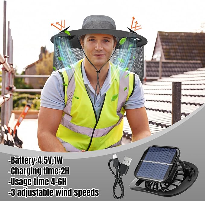 2 Pcs Sun Hat with Fan Solar&USB Powered for Men Women UPF 50+ UV Protection Wide Brim Safety Sun Hat for Out Work
