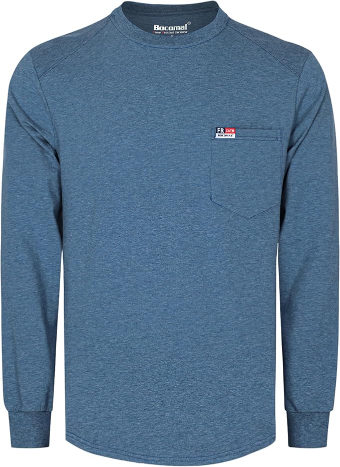 BOCOMAL Men's FR Shirts Long Sleeve Crewneck EX Soft Heather Series 6oz Midweight Flame Resistant Work T Shirt CAT2