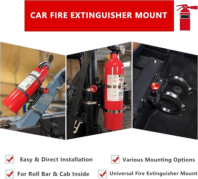 Quick Release Fire Extinguisher Mount - Aluminum Adjustable UTV Roll Bar Fire Extinguisher Holder Mounting Bracket Compatible with Jeep Wrangler TJ JK JL JKU Polaris RZR Ranger Can-Am X3 Universal