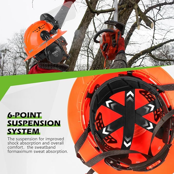 GREEN DEVIL Industrial Chainsaw Helmet with Face Shield Built in Visor and Ear Muffs 4 in 1 System ANSI Z89.1 Safety Hard Hat Adjustable Headgear Ideal for Forestry and Arborist Work Full Brim Style