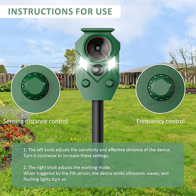 2-Pack Solar Powered Ultrasonic Animal Repeller, Outdoor Waterproof Deer Squirrel with Motion-Activated Sensor Strobe Light, for Cats, Raccoons, Skunks, Rabbits and More