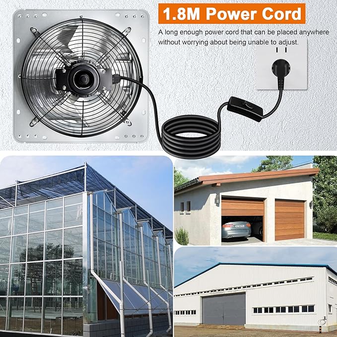 Hiorucet Upgraded 10 Inch Shutter Exhaust Fan for Garage, Greenhouse, Shop, Attics, Chicken Coop, Shed, Basement, 844CFM 1606RPM Low Noise Wall Mounted Louvered Exhaust Fan with 1.8 Meters Power Cord.