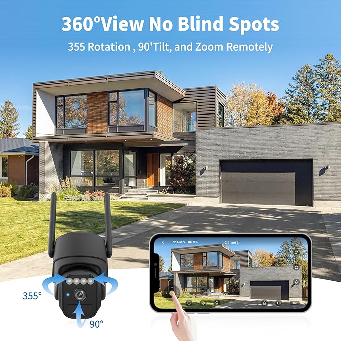 Solar Camera Outdoor Wireless, Wi-Fi Security Cameras for Home, 360° View, Two-Way Talk, Auto Tracking, Light Alarm, Color Night Vision