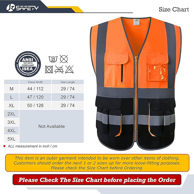 JKSafety 7 Pockets High Visibility Zipper Front Safety Vest With Reflective Strips.Meets ANSI/ISEA Standards (130-Orange-Black L)