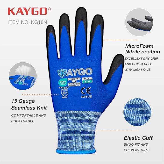 KAYGO Safety Work Gloves MicroFoam Nitrile Coated, 12 Pairs KG18NB,Seamless Knit Nylon Glove with full fingers Touchscreen, Ideal for Automotive,Warehouse,Construction (Large, Blue)