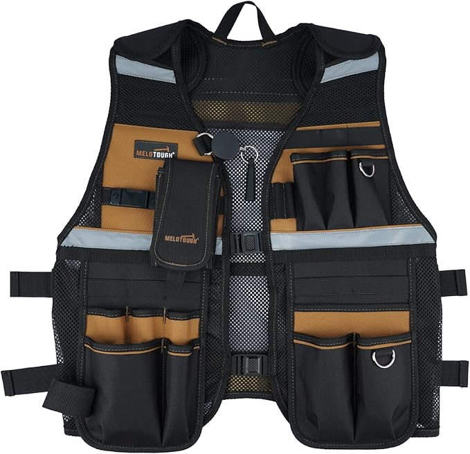 MELOTOUGH Tool Vest for Men Reflective Safety Tool Vest with Adjustable Straps,Removable Phone Holder for Electrical,Carpenters,Construction(Khaki)