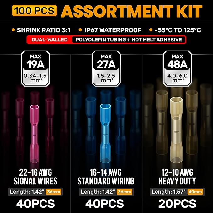 SOMELINE Heat Shrink Butt Connectors and Crimping Tool Kit, Marine Automotive Electrical Terminals (UL Listed), 22-10 AWG Ratchet Wire Crimper - Waterproof Butt Splices (100 Pcs)