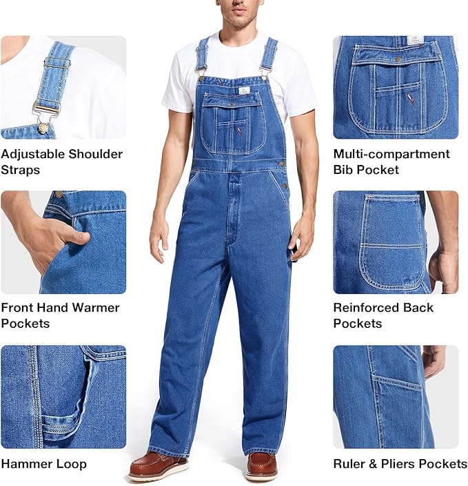 HISEA Men's Denim Bib Overall, Mens Relaxed Fit Overall Midweight Workwear with Adjustable Straps and Convenient Tool Pockets