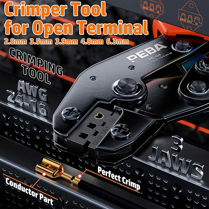 PEBA Open Barrel Crimping Tool Kit - 14 Sizes Quick Splice Male and Female Wire Spade Connectors & Piggy-back with Ratcheting Crimper AWG 24-14, for Electrical Wiring Car Audio Speaker Connectors