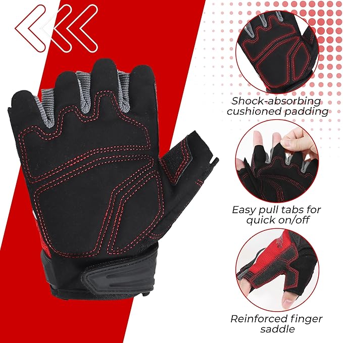 HANDLANDY Fingerless Work Gloves for Men and Women Utility Padded Half Finger Driving Working Gloves (XX-Large, Red)
