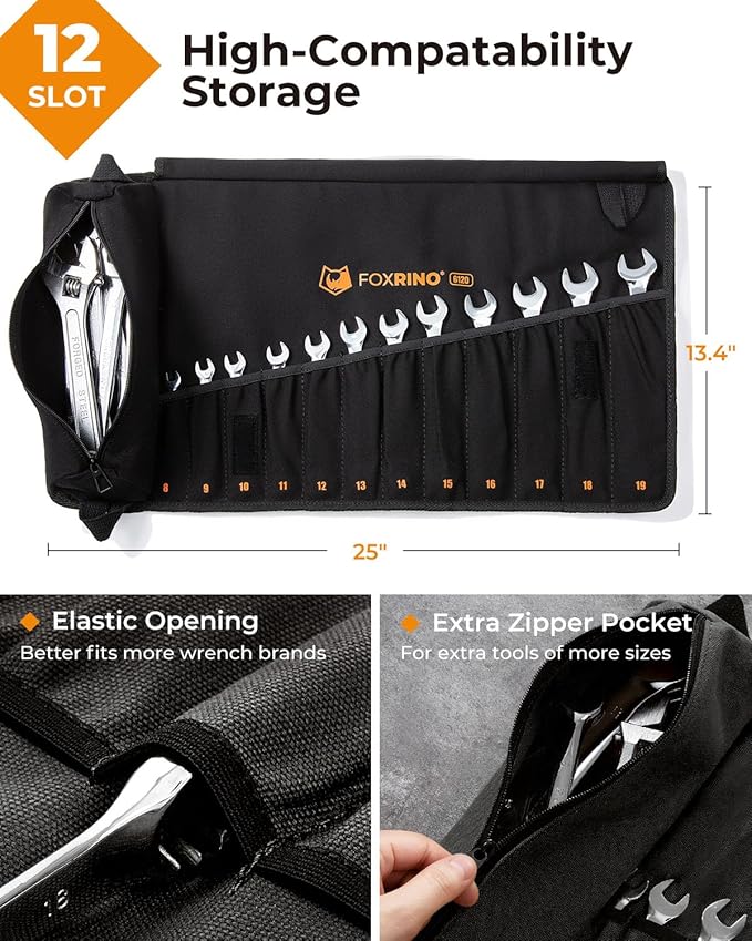 Wrench Roll, Wrench Roll Up Pouch, 12-Pocket Heavy Duty Canvas Wrench Organizer Bag for Metric Combination Wrenches, Portable Tool Roll Bag, Gifts for Men for Christmas (Black, 12+1 Metric)